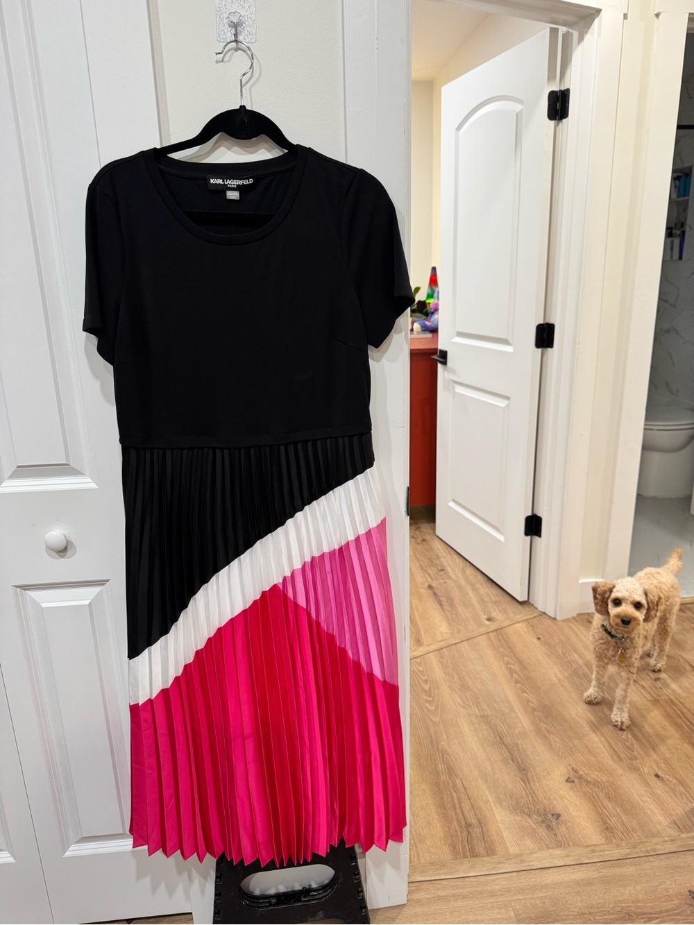 Karl Lagerfeld Black & Pink Colorblock Pleated Midi Dress